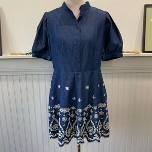 Shoshanna Denim Embroidered Dress Size 10 Puff Sleeve Cottagecore Mini Midi